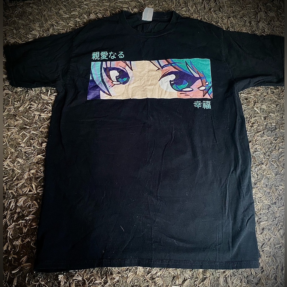 Black T-shirt Japanese writing meaning“dear dragon Stone, happiness” anime eyes